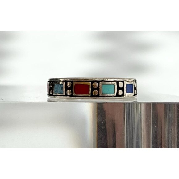 Mexican Inspired Multi Gemstone Square 925 Sterling Silver Vintage Ring - sz 6 - Picture 1 of 10